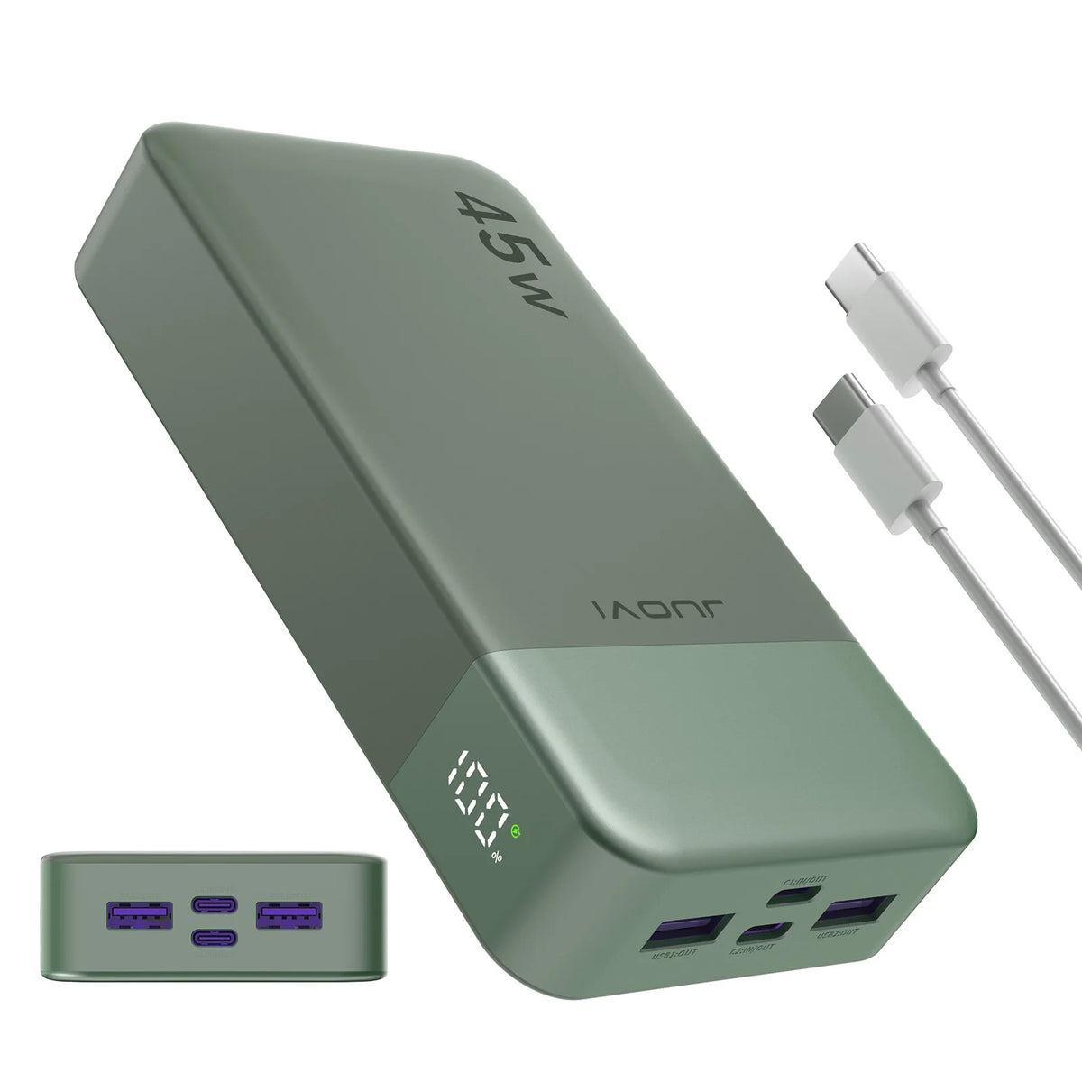 Green power bank with USB-C and USB-A cables on a white background