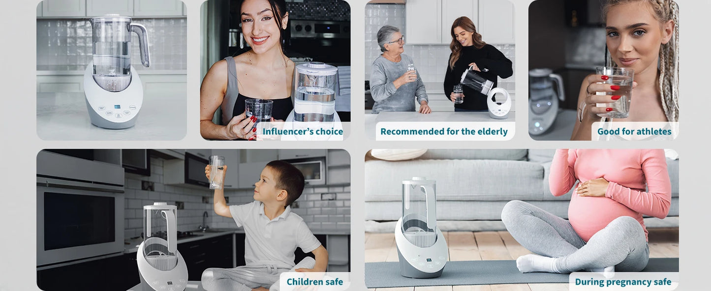 Collage of a kitchen appliance with various people using it in different scenarios.