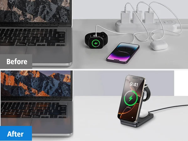 Before and after comparison of a laptop with charging accessories on a marble surface.