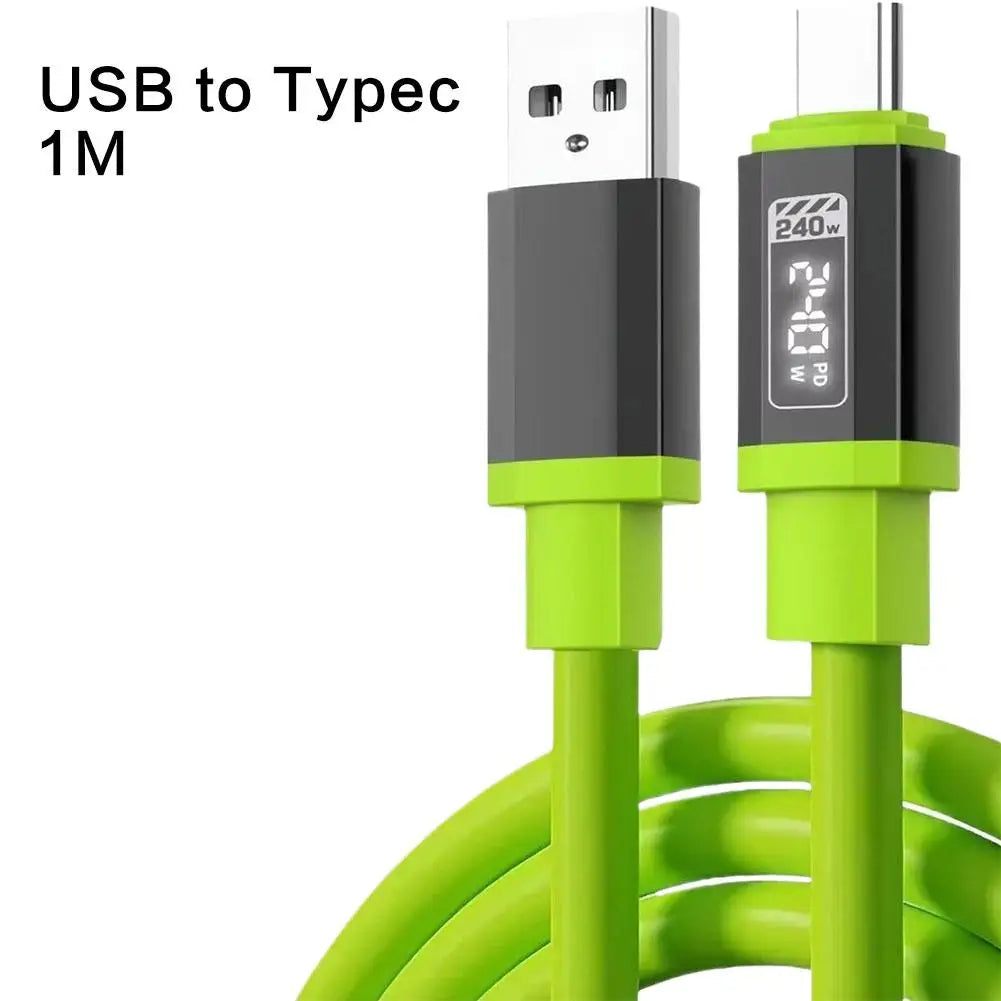 Green USB to Type-C cable with digital display on a white background