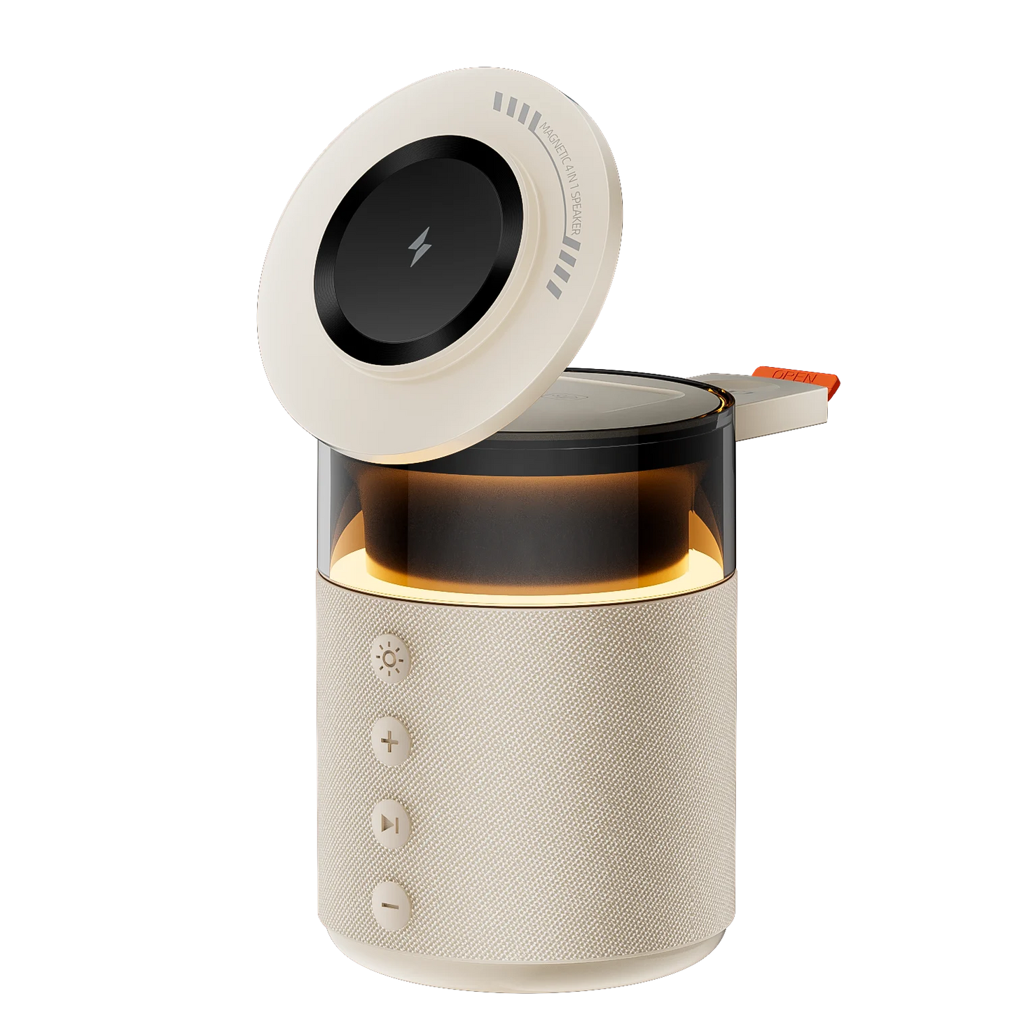 Beige smart speaker with a black circular top on a white background