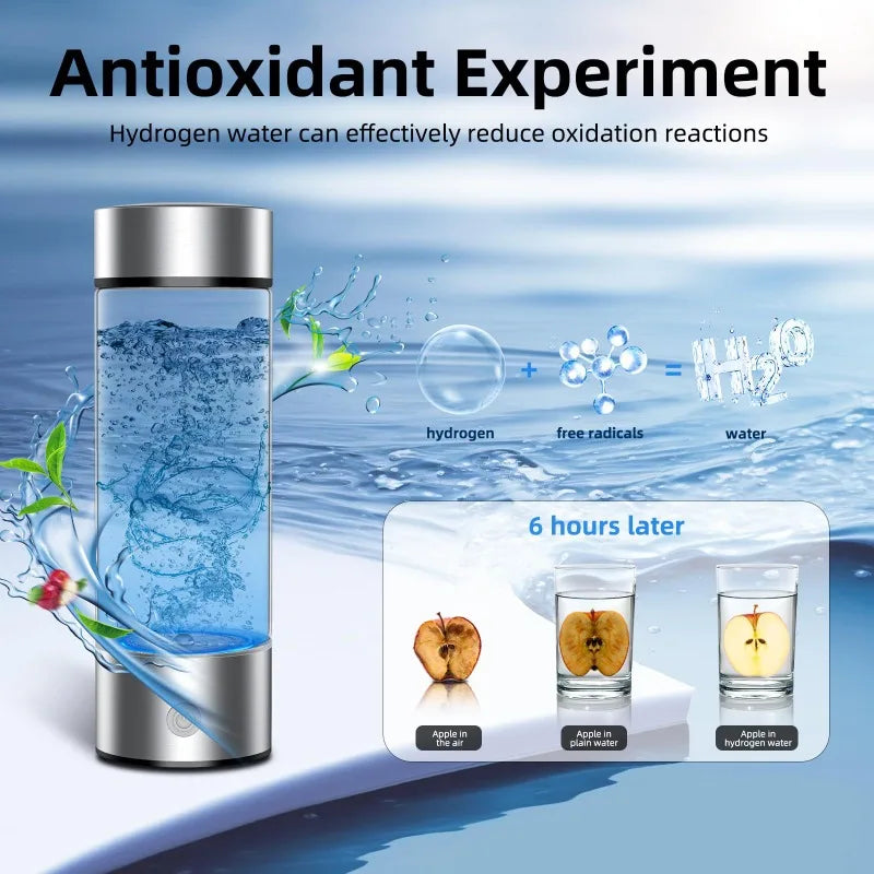 Hydrogen water generator with antioxidant experiment graphic showing reduced oxidation on apples.