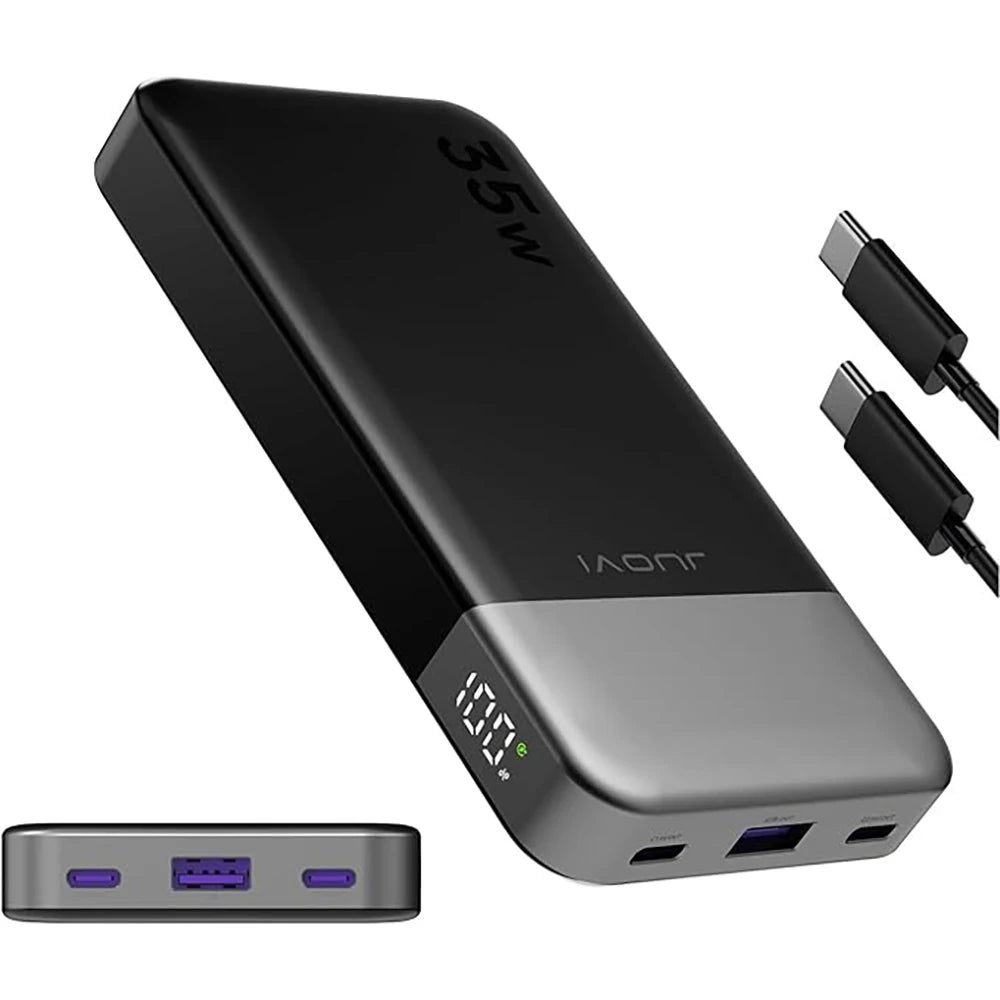 Black and gray power bank with multiple ports and a cable on a white background