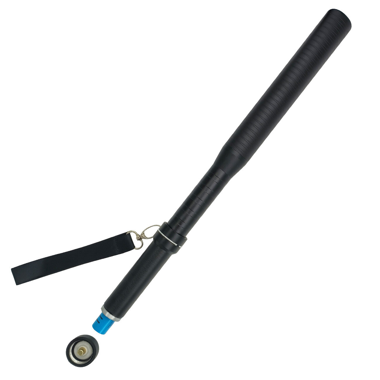 Black telescopic bat with blue accent on a white background
