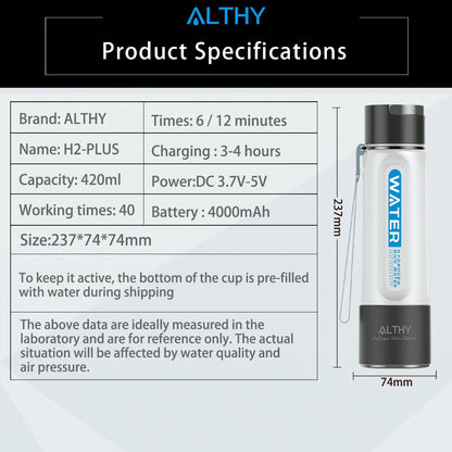 Hydrogen Water Generator Bottle | ALTHY DuPont PEM SPE 420ml – Yarra Essentials