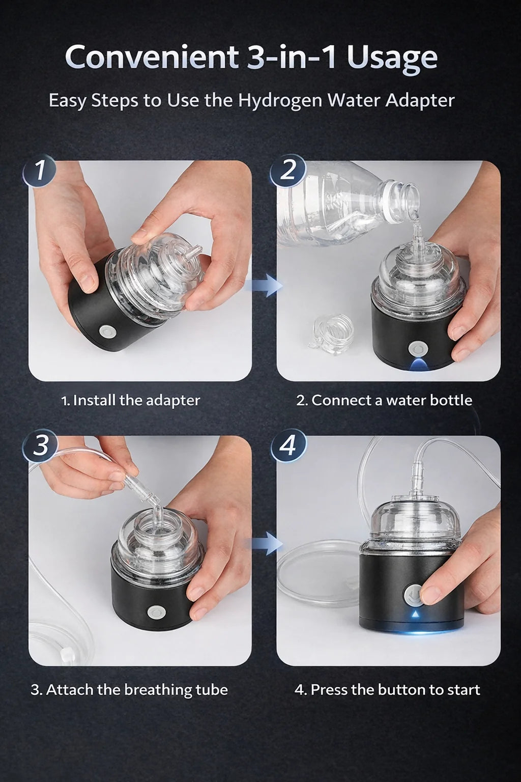 Step-by-step guide on how to use a hydrogen water adapter with images of hands performing each step.