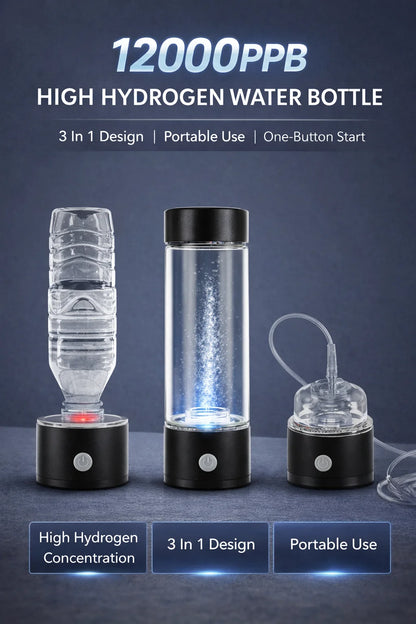 High hydrogen water bottle with 3-in-1 design on a dark background