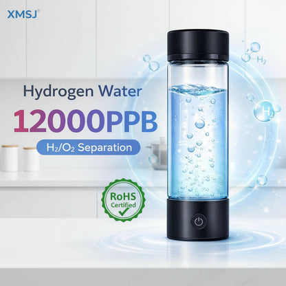 Hydrogen water bottle with visible hydrogen bubbles on a white background, featuring the brand 'XMSJ'.