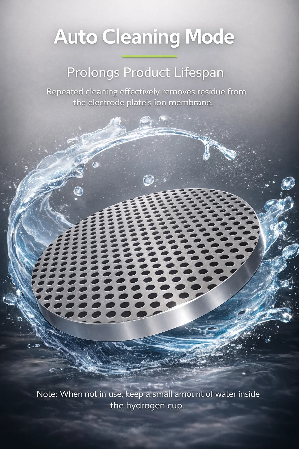 Metallic filter with water droplets and text about auto cleaning mode on a dark background