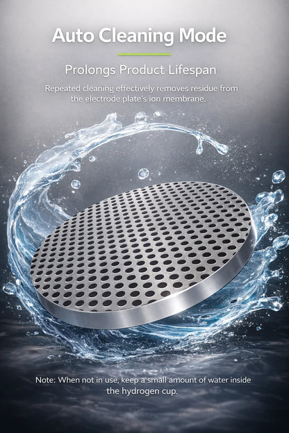 Metallic filter with water droplets and text about auto cleaning mode on a dark background