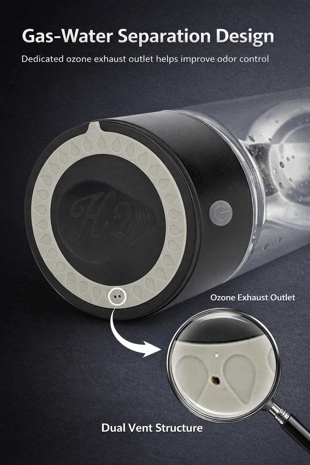 Close-up of a device with an ozone exhaust outlet and dual vent structure on a dark background.