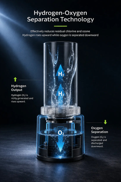 Hydrogen-Oxygen Separation Technology device with labeled hydrogen and oxygen outputs on a dark background.