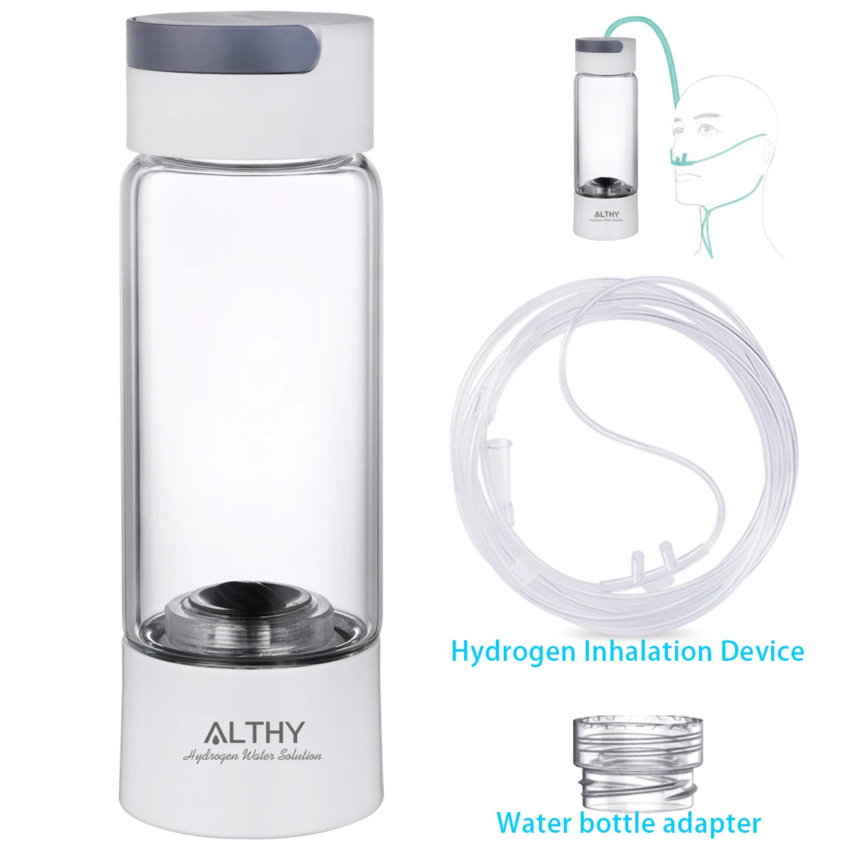 Clear water filter bottle with accessories on a white background