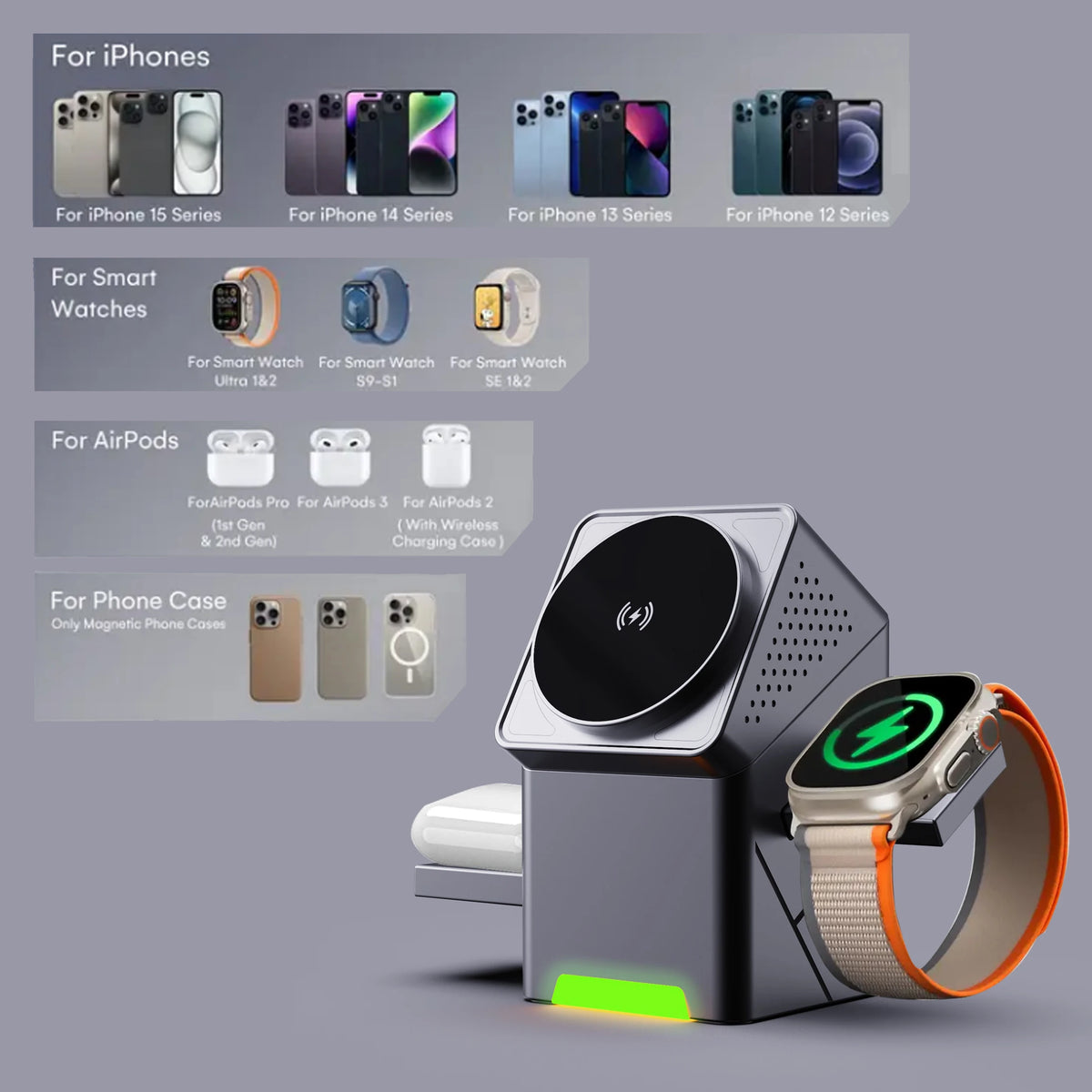 Magnetic charging dock with smartphone, smartwatch, and AirPods on a gray background