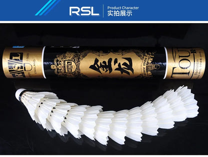 Badminton shuttlecock with RSL branding on a dark background
