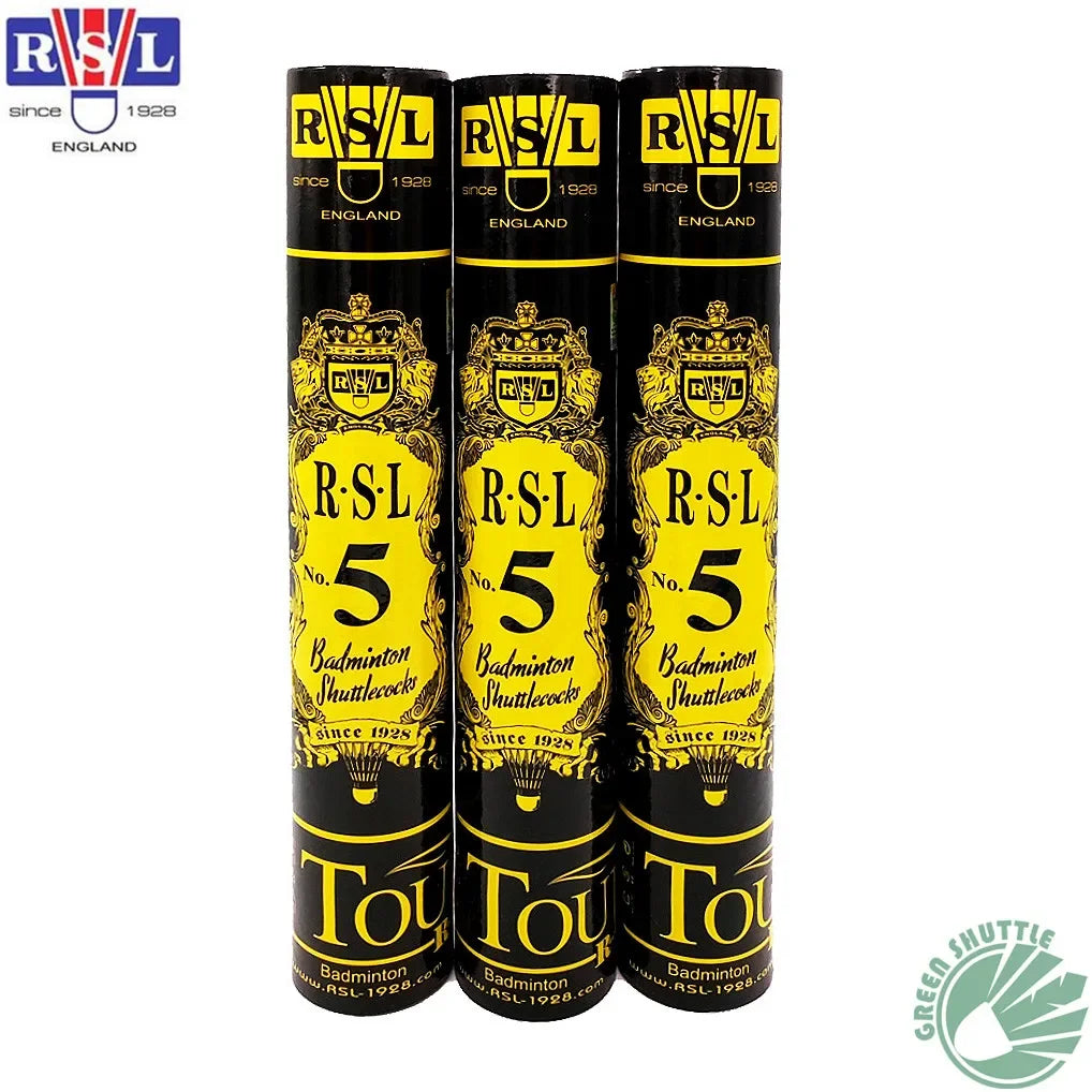 Three RSL badminton shuttlecock tubes with yellow labels on a white background.