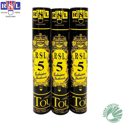 Three RSL badminton shuttlecock tubes with yellow labels on a white background.