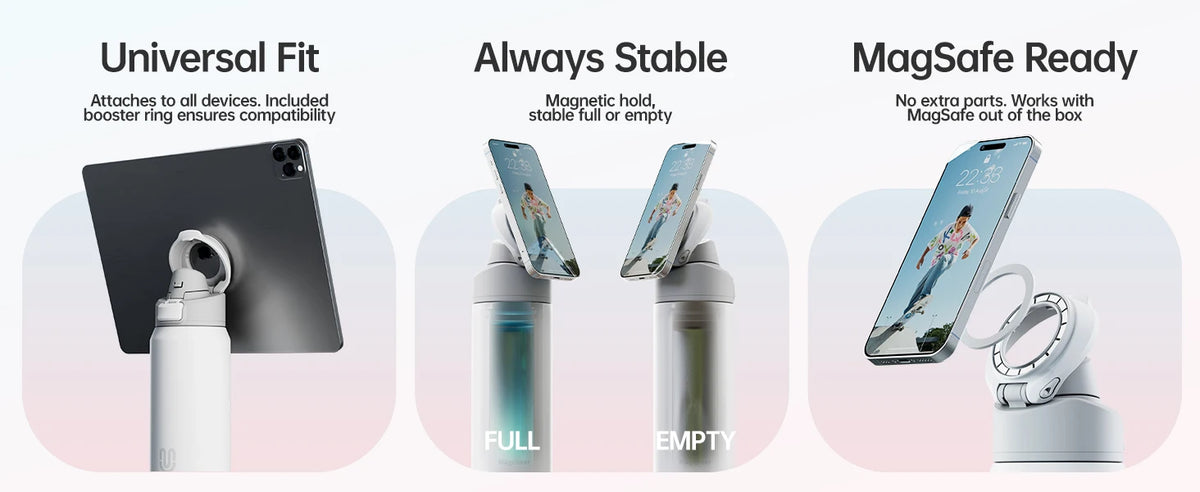 Three smartphone holders with features highlighted on a light gray background