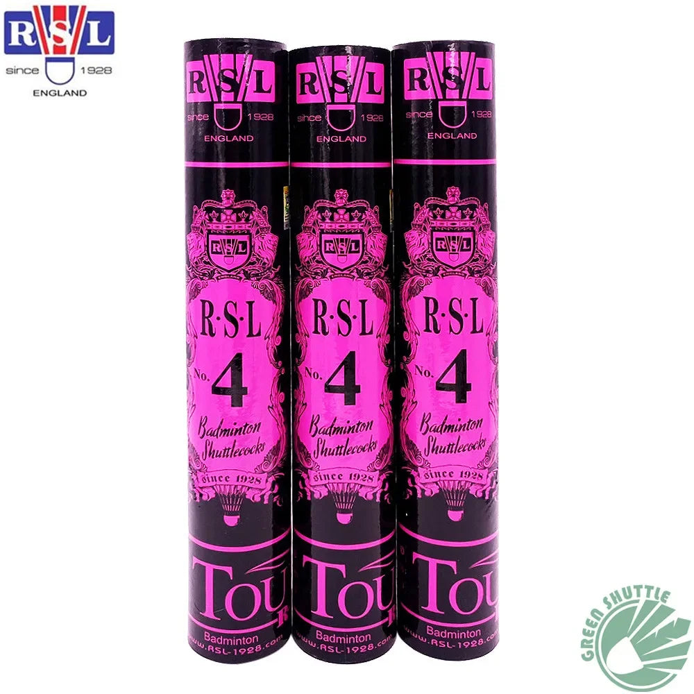 Three RSL badminton shuttlecock tubes with pink labels on a white background.