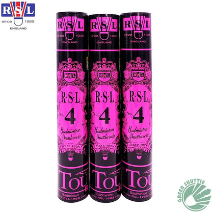 Three RSL badminton shuttlecock tubes with pink labels on a white background.