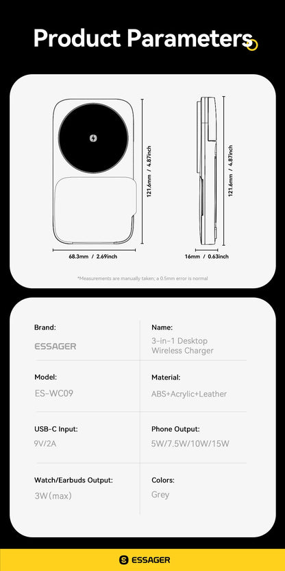 Essager 3-in-1 Wireless Charger Stand 15W – MagSafe Compatible for iPhone, Apple Watch & AirPods