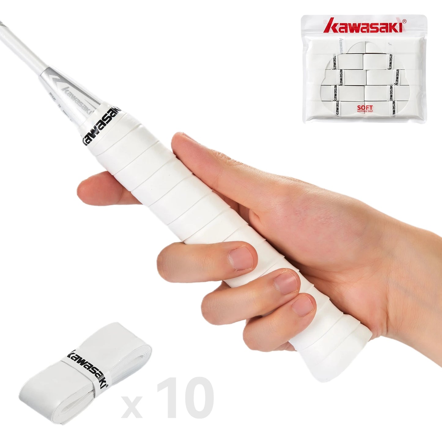 Hand holding a white badminton racket with Kawasaki branding, including racket and strings on a white background.