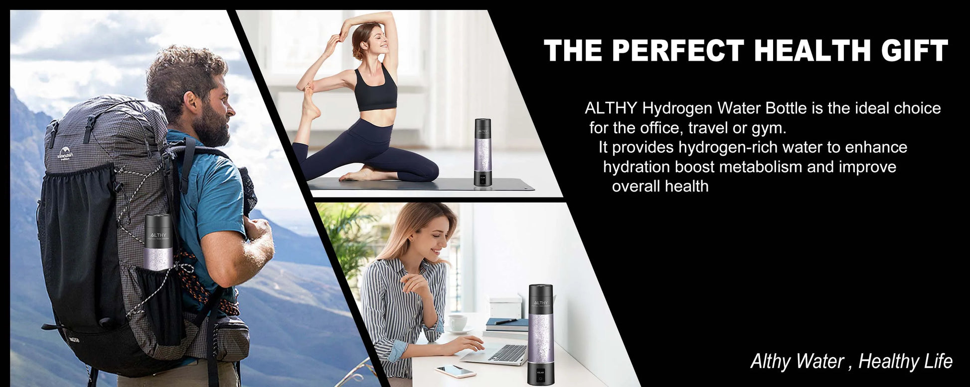 Promotional image of Althy Hydrogen Water Bottle with lifestyle scenes and text about health benefits.