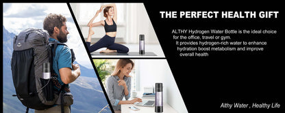 Promotional image of Althy Hydrogen Water Bottle with lifestyle scenes and text about health benefits.