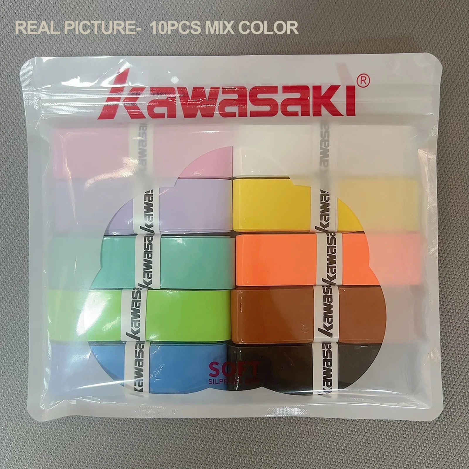 Packaged set of Kawasaki brand tennis grip bands in various colors on a gray background.