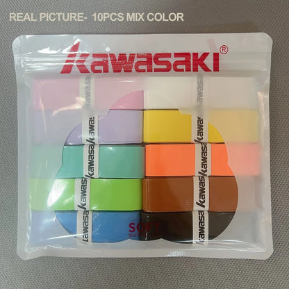 Packaged set of Kawasaki brand tennis grip bands in various colors on a gray background.