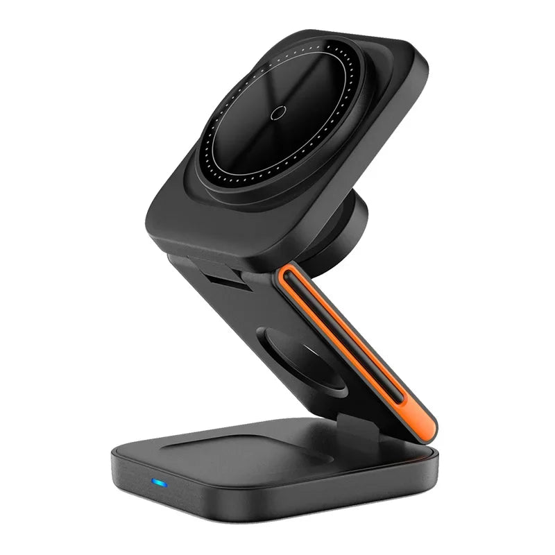 Black and orange phone holder with wireless charging pad on a white background