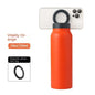 Orange water bottle with black cap and magnetic ring attachment on a white background