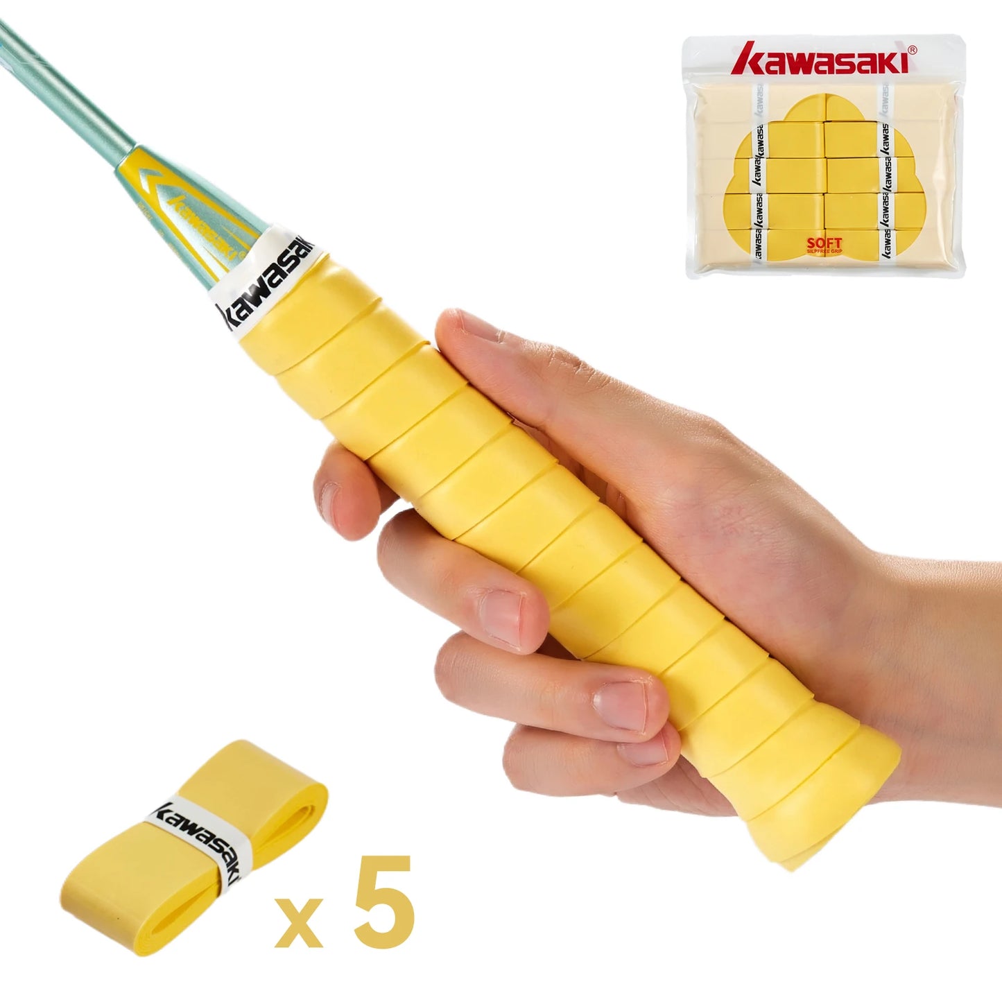 Hand holding a yellow badminton racket grip with Kawasaki branding, and a small package of grips in the corner.