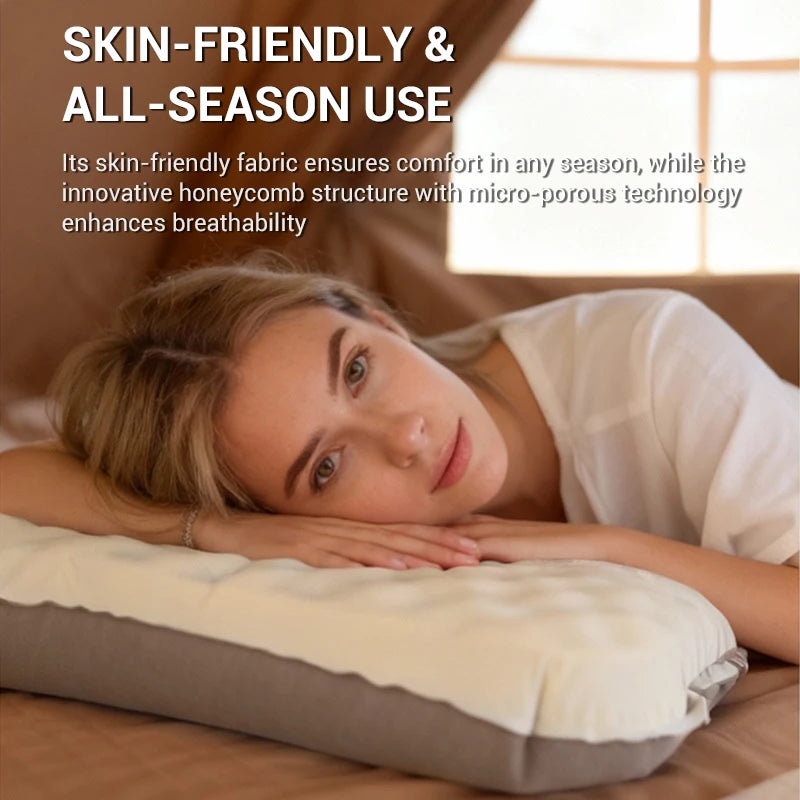 Woman lying on a pillow with text about skin-friendly and all-season use