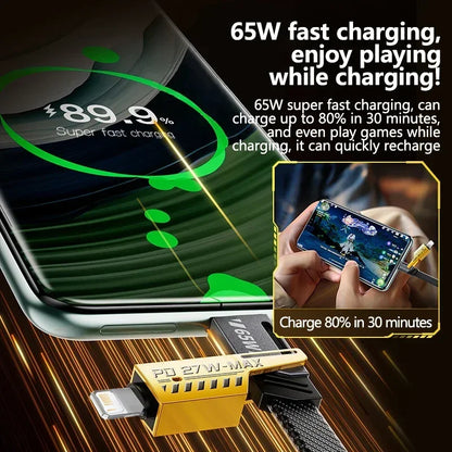 Smartphone with fast charging display and 65W charger, showing charging speed and gaming capability.