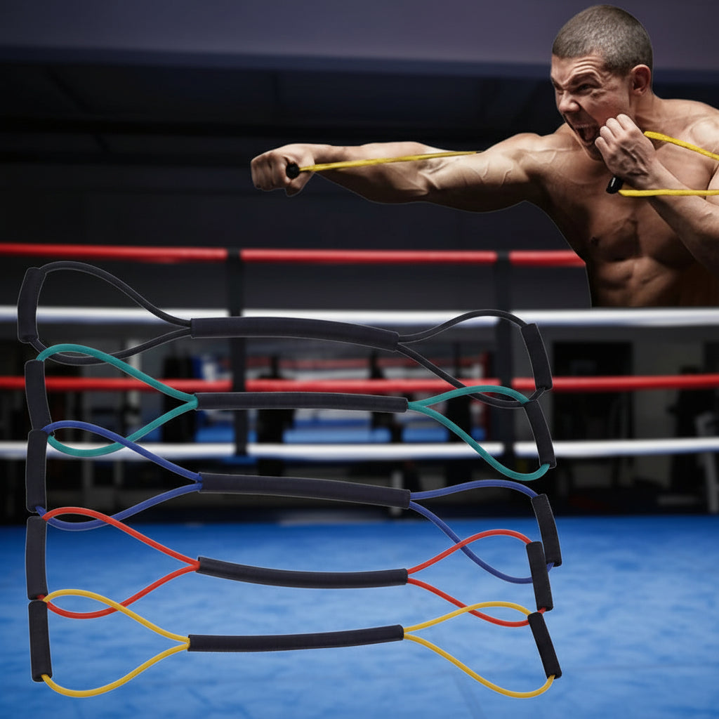 Boxer in a boxing ring with resistance bands in the foreground