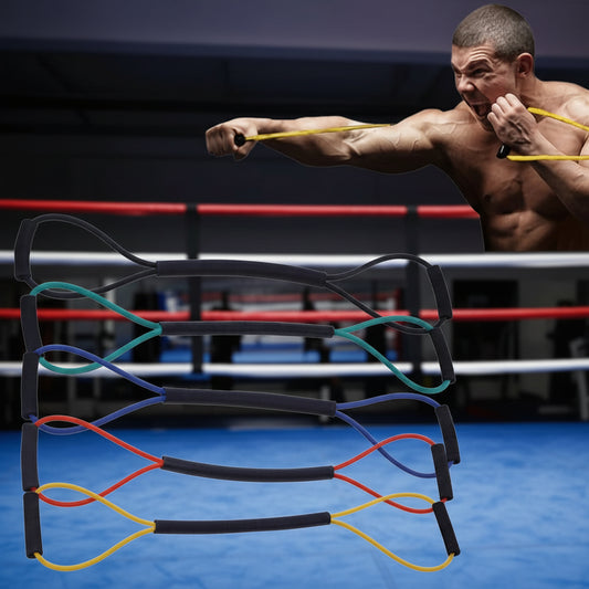 Boxer in a boxing ring with resistance bands in the foreground