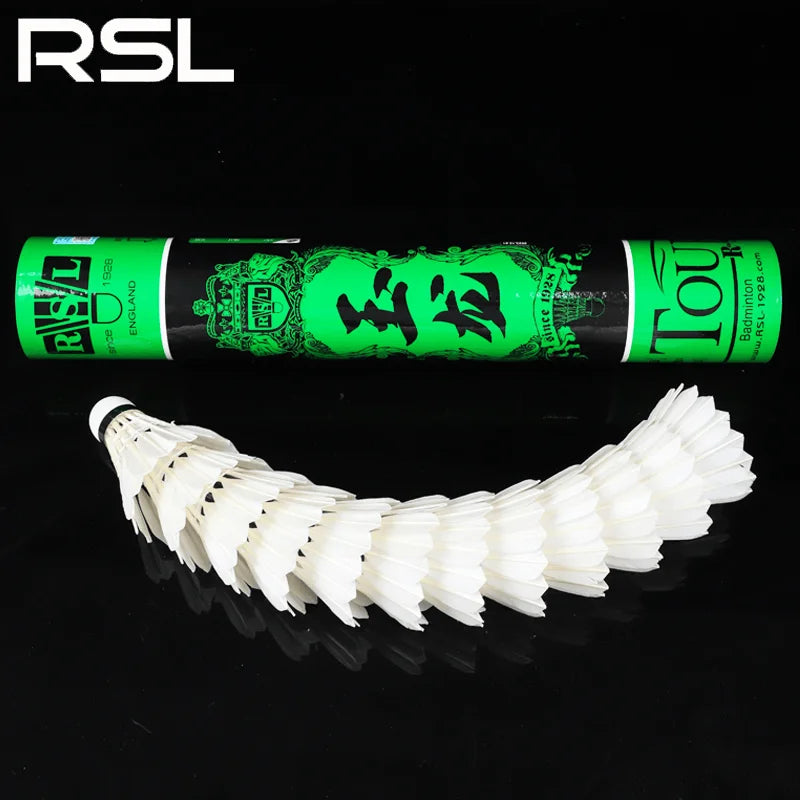 Badminton shuttlecocks with green RSL packaging on a black background