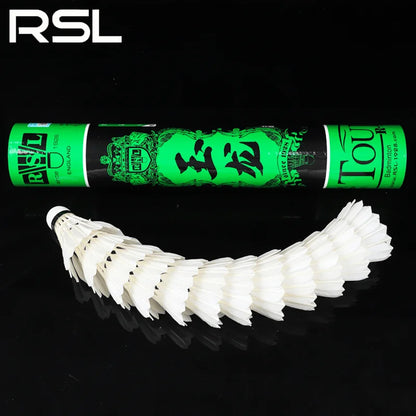 Badminton shuttlecocks with green RSL packaging on a black background