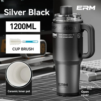 Ceramic Lined Insulated Tumbler with Straw & Handle – 1200ml Stainless Steel Vacuum Flask