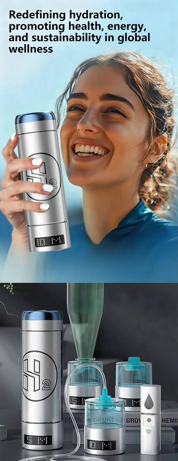 Woman holding a silver and blue hydration tracker with text about health and wellness.