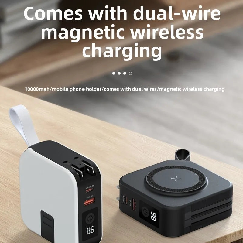 Two electronic devices with dual-wire magnetic wireless charging feature on a wooden surface.
