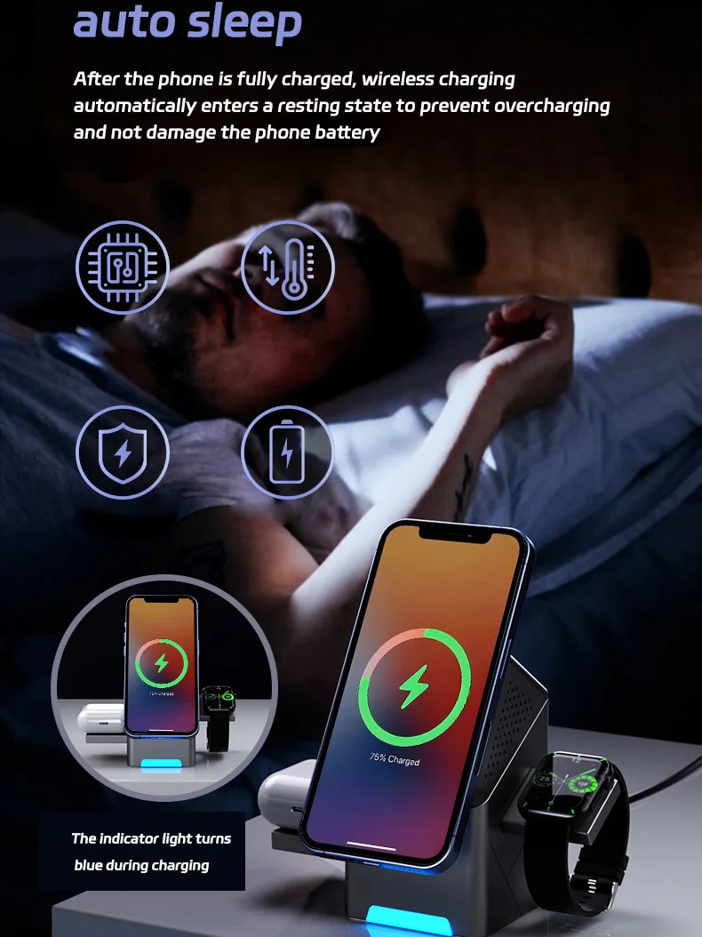 Wireless charging station with phone, watch, and indicator lights on a dark background.
