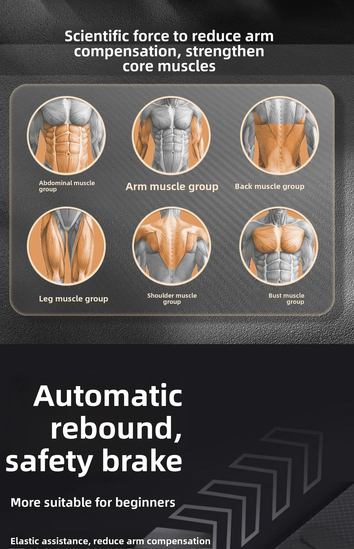 Muscle group illustrations with text on a black background