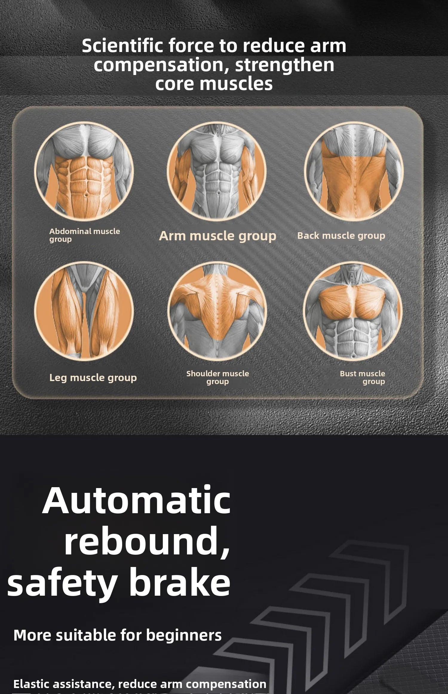 Muscle group illustrations with text on a black background