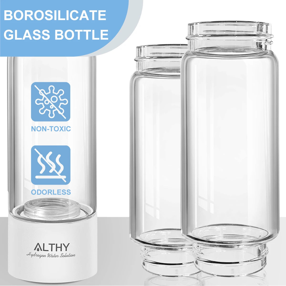 Borosilicate glass bottles with ALTHY branding on a light gray background