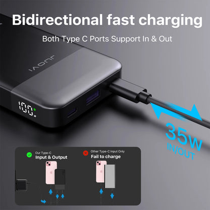 Power bank with Type-C ports showing bidirectional fast charging capabilities on a dark background.