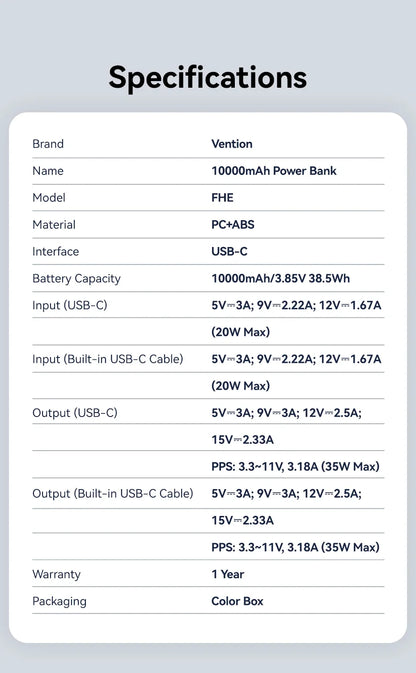 Mini Power Bank 10000mAh – 35W Fast Charge with Built-in Cable & Digital Display