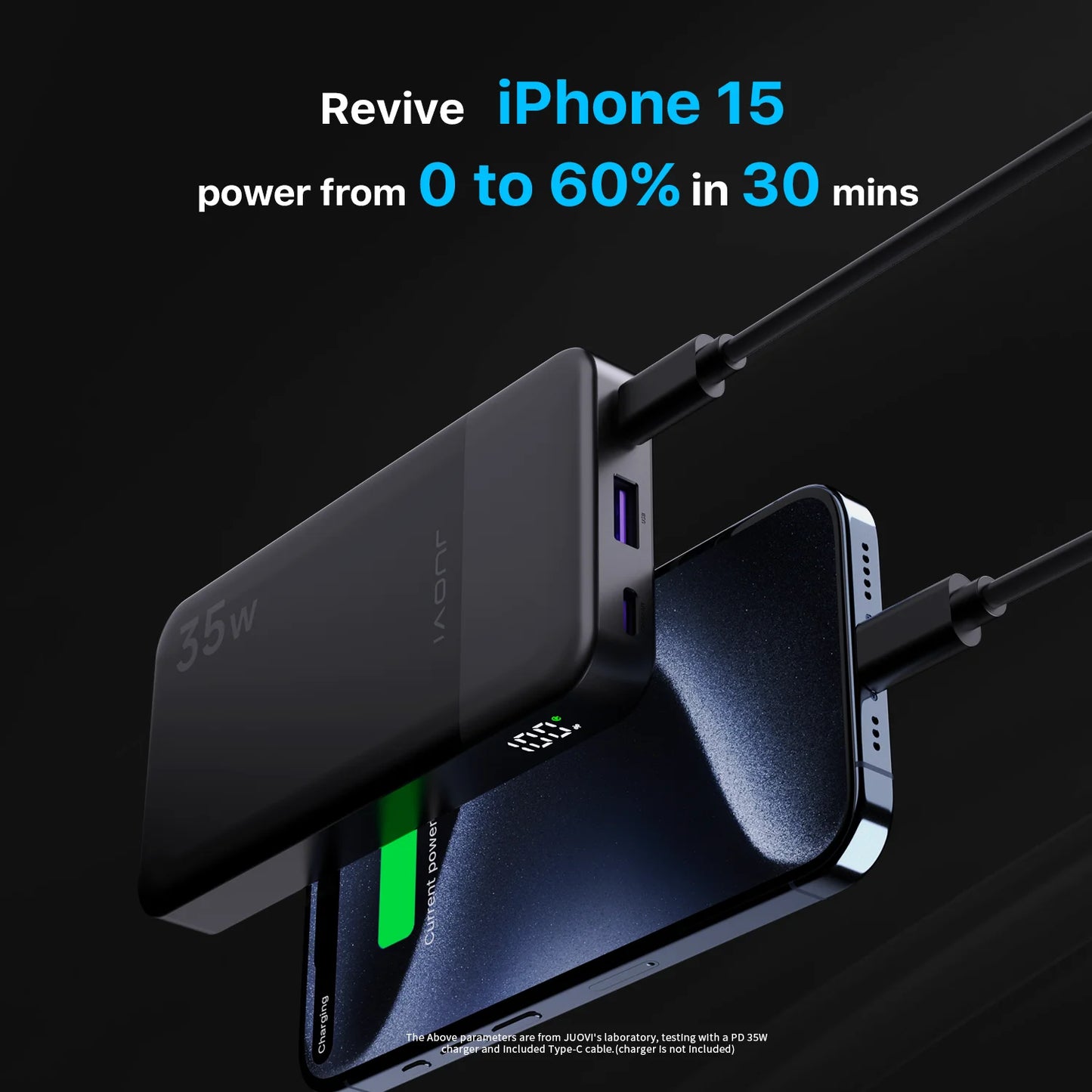 Phone charger with text claiming to revive iPhone 15 power in 30 minutes on a black background