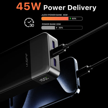 Power bank with 45W power delivery capability on a black background